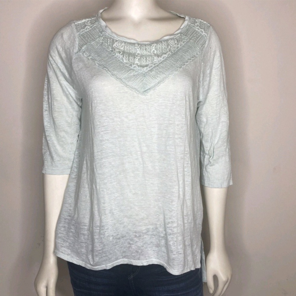 Lauren Conrad Linen Lace Trim 3/4 Sleeve V-Neck Top Seafoam Green Size S NWT